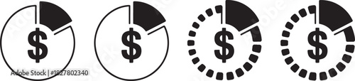 Pie chart with dollar sign and varying segments in black and white Keywords: pie chart, graph, data