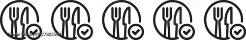 Restaurant icon with fork knife and checkmark in a circle set of five variations Keywords: restaurant