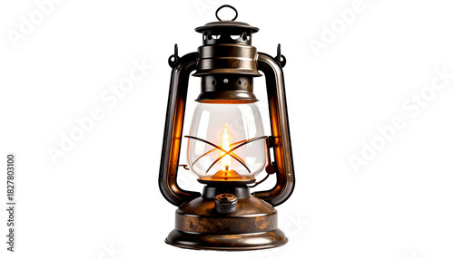 Vintage Style Oil Kerosene Lantern with Glowing Flame Isolated on White Background
