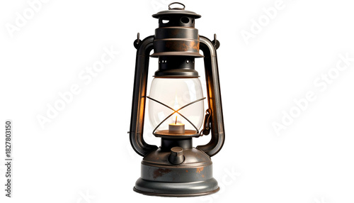 Vintage Style Rustic Oil Lantern with Glowing Wick on White Background