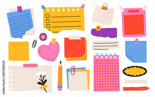 Big set of various torn paper notes, stickers, to do list, notebook, duct and washi tapes, paper clips. Isolated sticky elements, planners, reminders for mood boards, scrapbooking or collages. Vector.