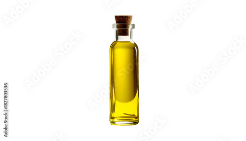 Pure Golden Cooking Oil in Glass Bottle with Cork Stopper Isolated on White Background