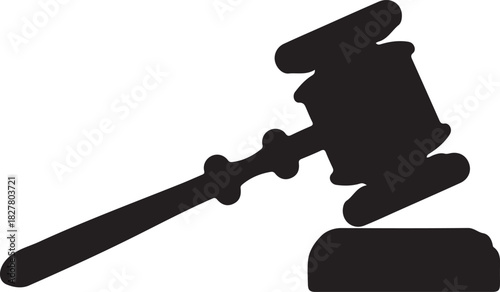 Black silhouette of a metal hammer tool with a handle for construction and repair work on an isolated background