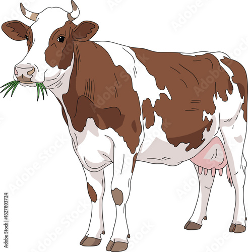 Realistic Dairy Cow Eating Grass Isolated Vector Illustration.