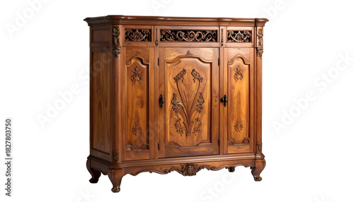Ornate Antique Wooden Armoire Cabinet with Detailed Carvings Isolated on White