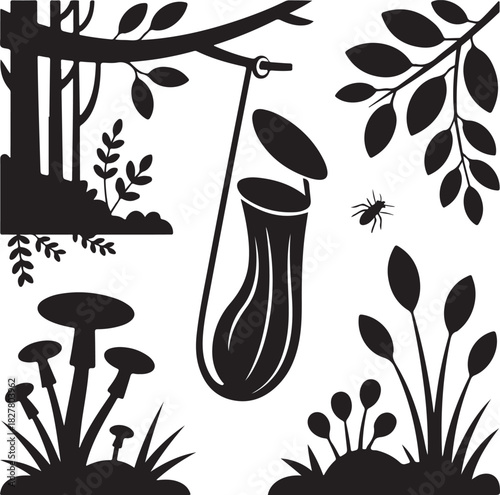 Black and white illustration of a carnivorous plant in nature scene