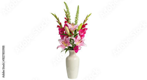 Vászonkép Isolated flower arrangement featuring pink lilies and gladioli in a cream colore