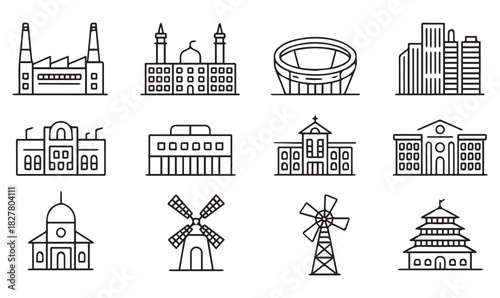 Global Building Icons Set – Cultural and Functional Architecture Line Art