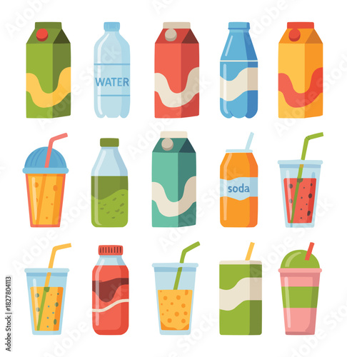 Colorful Beverage Icons  Flat Vector Mini-Illustrations for Kids
