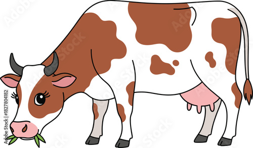 Cute Cartoon Dairy Cow Eating Grass Vector Illustration.