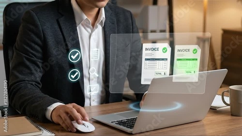 Businessman Approving Digital Invoices with Holographic Checks on Laptop, Showcasing Modern Financial Management & Augmented Reality Workflow