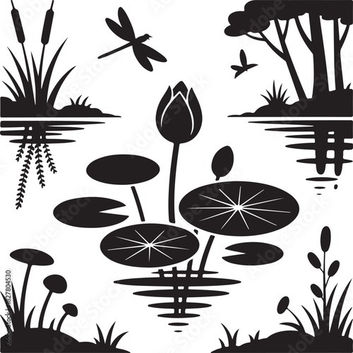 Black and white silhouette of pond with water lilies and dragonflies