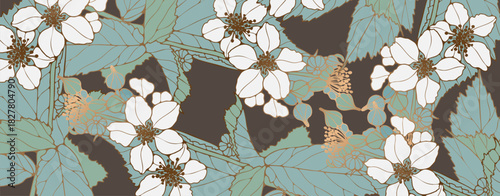 Elegant floral design with gold-outlined blossoms and stylized leaves. Perfect decorative artwork for prints, packaging, textiles, and creative projects.