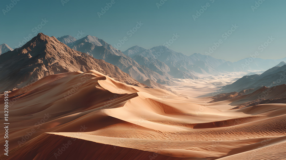 Naklejka premium Serene desert panorama with undulating sand dunes leading to towering mountains beneath a bright sky
