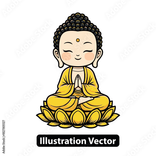 Cute cartoon Buddha meditating on a lotus flower, calm spiritual illustration