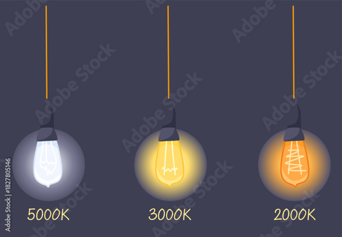 Three hanging bulbs showing different color temperatures: 5000K cool white, 3000K warm yellow, 2000K orange glow. Vector illustration for lighting guides, infographics and interior design visuals