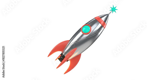 Isolated vintage silver rocket ship with a teal star, launch to space or exploration concept