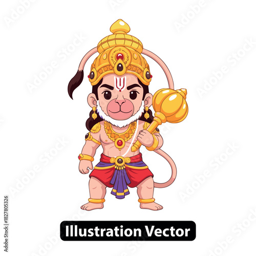 Powerful Hindu mythological monkey god character illustration in traditional attire, holding a mace, vector art on white background