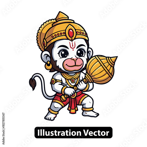 Embodying divine strength and playful devotion, this charming cartoon mythological warrior character illustration