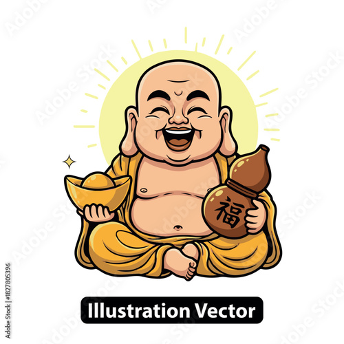 Smiling Buddha cartoon character holding gold ingot and lucky gourd, radiating joy and abundance