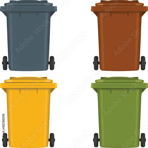 Colorful recycling bins promoting eco-friendly practices, representing waste management solutions, perfect for environmental awareness campaigns and educational materials