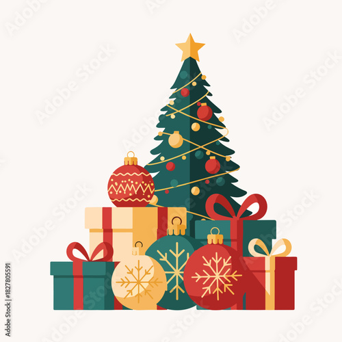 Christmas Tree with Colorful Ornaments and Presents for Holiday Blogs, Festive Websites, Seasonal Decor, Gift Guides, and Social Media Content