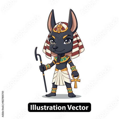 Anubis Illustration Egyptian God with Crook and Flail, Holding Ankh Symbol in Cartoon Style