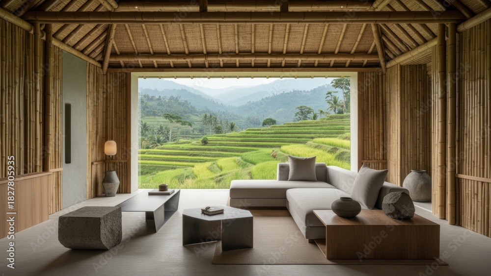 Fototapeta premium Tranquil bamboo retreat overlooking lush terraced rice fields in serene countryside setting