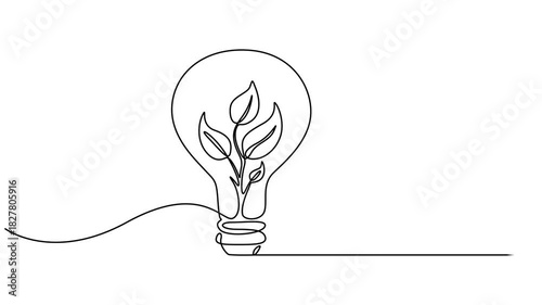 Light bulb with leaves one line art animation, Animated self drawing of single continuous line draw lightbulb with green natural leaf for company logo label. Green power innovation logotype symbol
