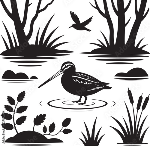Black and White Vector Illustration of a Snipe in Wetland Habitat