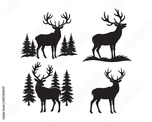 Elk in forest with antlers vector silhouette illustration design set collection, hunting theme elk, elk in trees vector design, wild elk standing illustration, 