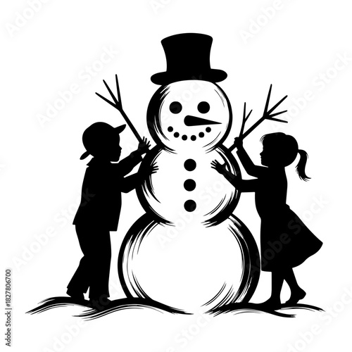 Children Creating a Snowman with Joyful Smiles in a Winter Scene for Family Blogs, Holiday Cards, Educational Websites, and Seasonal Celebrations