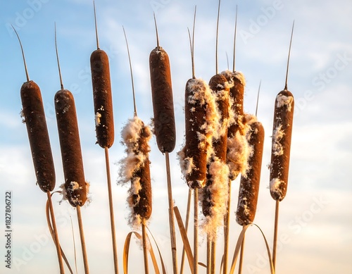 Cattails stand tall against a blue and golden sky. Soft, white fluff spills from some, creating a delicate texture