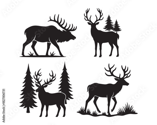 Elk in forest with antlers vector silhouette illustration design set collection, hunting theme elk, elk in trees vector design, wild elk standing illustration, 
