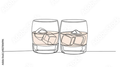 Whiskey Glasses with Ice Cubes Line Art – Alcohol Drink Illustration for Bar & Cocktail Design