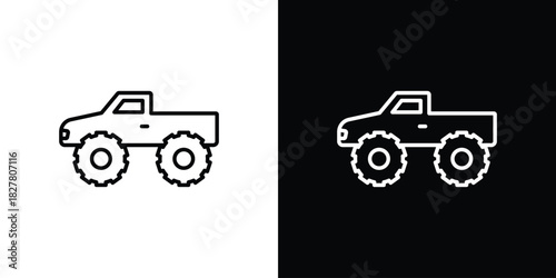 Monster truck icons set with editable black and white stroke line style for ui designs
