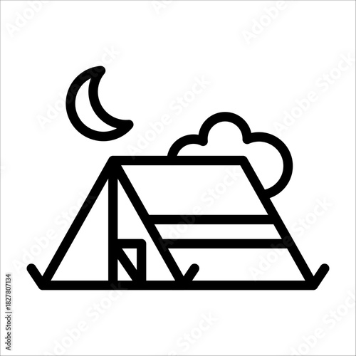 Single tent icon with black line style for design element or coloring book element