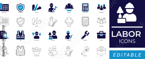 labor icon set featuring workers, employee, tools, labor, contractor, electrician, blueprint, engineer, equality, safety, industry, wrench, and workplace operations symbols.