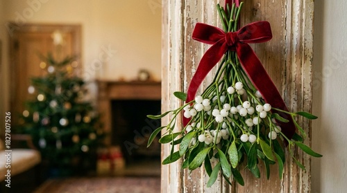 Traditional Christmas Mistletoe with White Berries and Red Velvet Bow on Rustic Doorway, Festive Background.