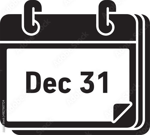 Black and white icon of a calendar page showing December 31st date