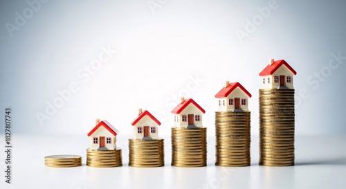 Real estate investment concept showing house value increase over time with coins