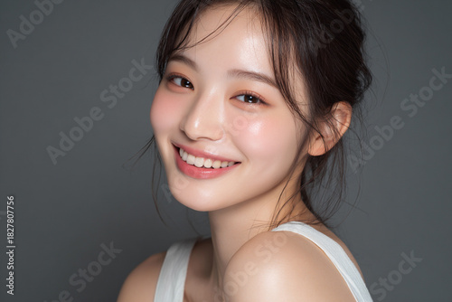 透明感ある美しい美肌の笑顔の日本人女性美人モデルの接写写真。スキンケア、コスメ、ビューティーケア広告用