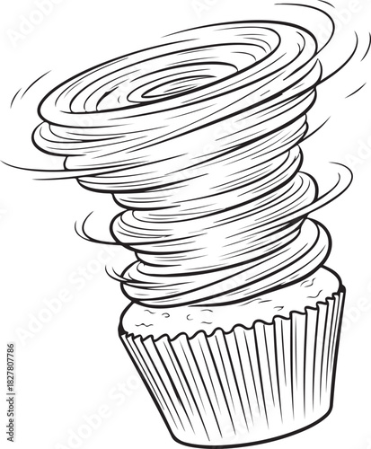 Black and white illustration of a cupcake with a swirling vortex on top tornado storm
