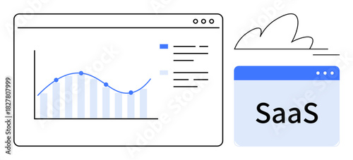 Data analytics dashboard with graph and cloud-based SaaS interface. Ideal for technology, business growth, data management, cloud solutions, operations, product marketing, simple flat metaphor