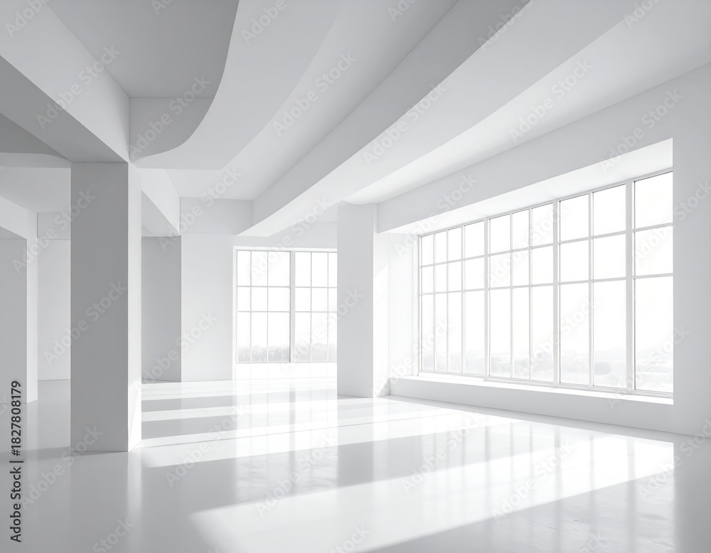 Fototapeta premium Bright, minimalist all-white interior with beams & windows