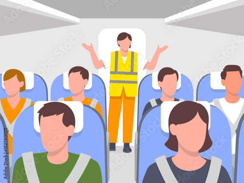 A flight attendant gives a safety briefing to passengers seated in an airplane, emphasizing the importance of safety while traveling by air for everyone's well-being.