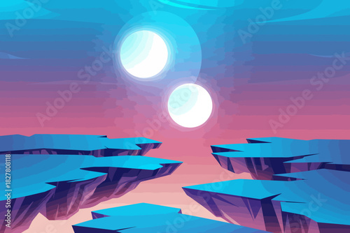 This vibrant artwork depicts a surreal landscape featuring two luminous suns shining over jagged terrains. A perfect representation of imagination, exploration, and endless possibilities.