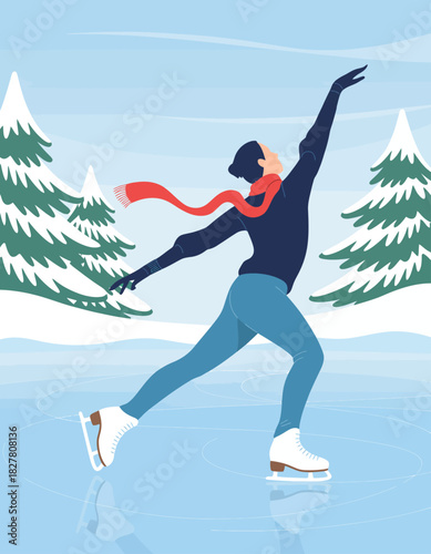 A skilled ice skater performs an elegant maneuver on a shimmering frozen lake amidst a snowy landscape with evergreen trees, embodying beauty and grace in winter.