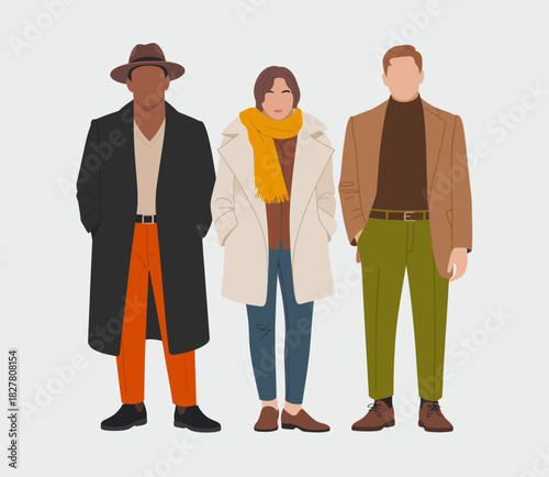 A trio of stylishly dressed individuals showcases contemporary fashion, embodying a chic combination of elegance and modern trends for everyday outfits.