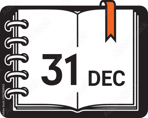 Open notebook with spiral binding showing December 31st date and orange bookmark open book